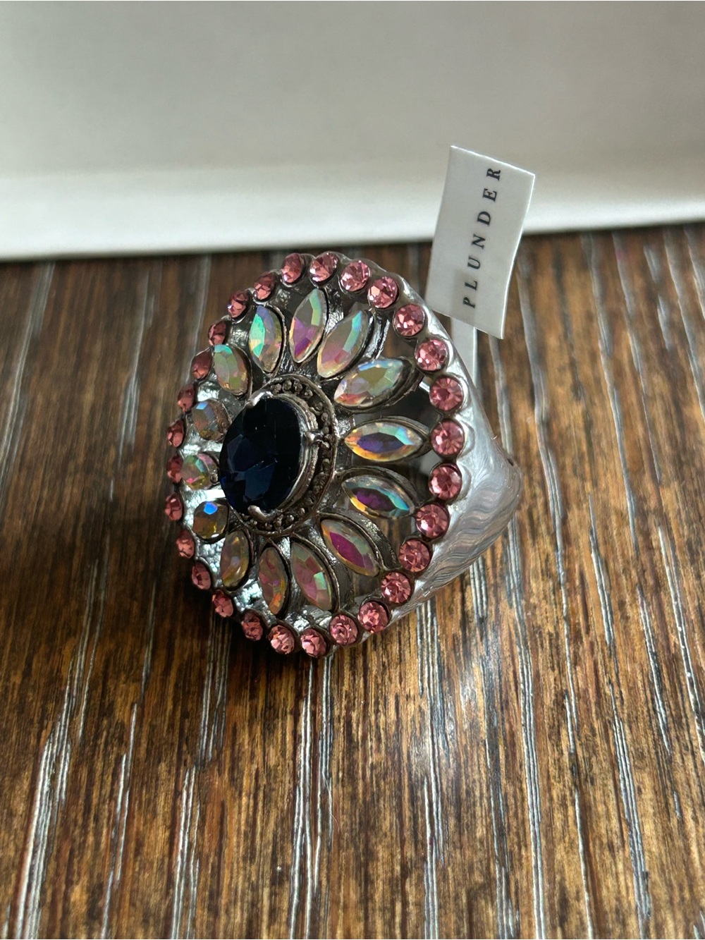 Plunder Navy Center Pink and Iridescent Crystal Statement Ring